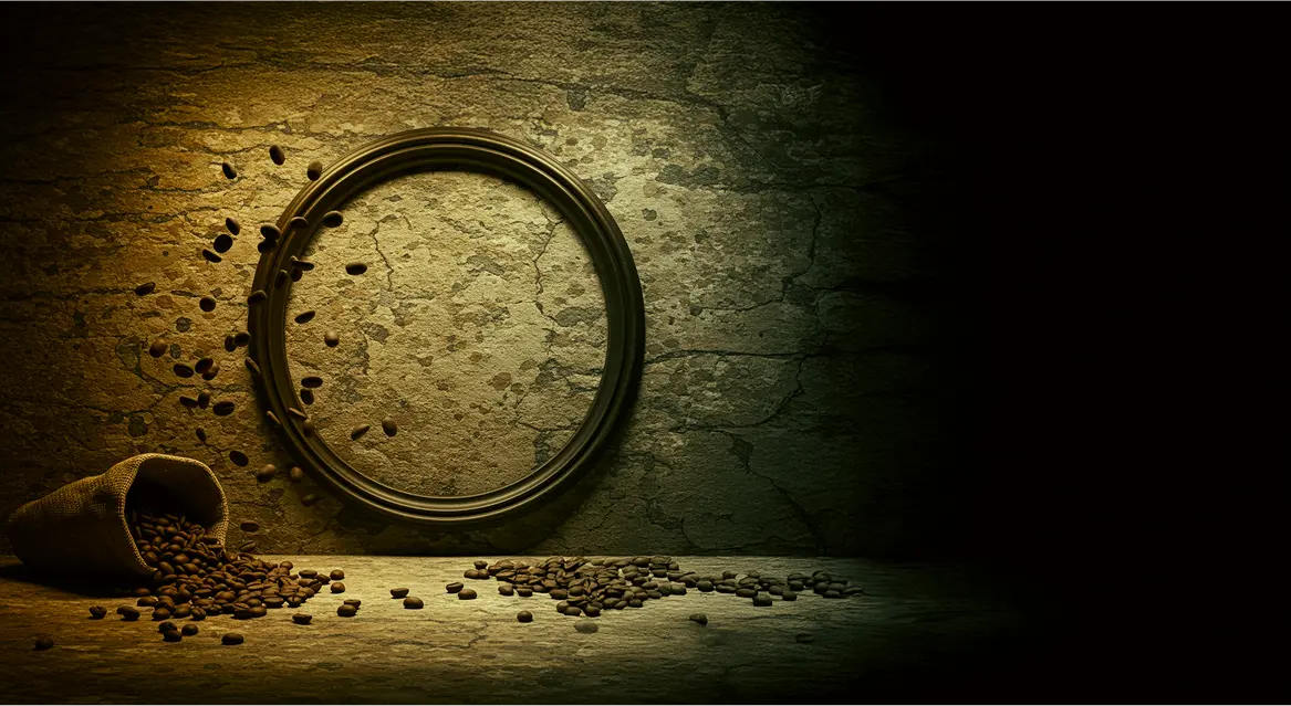 Coffee beans and an astrolabe-like circular frame on a textured surface